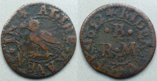 Kidderminster, R B (M) AT THE RAVEN 1652 farthing N5701